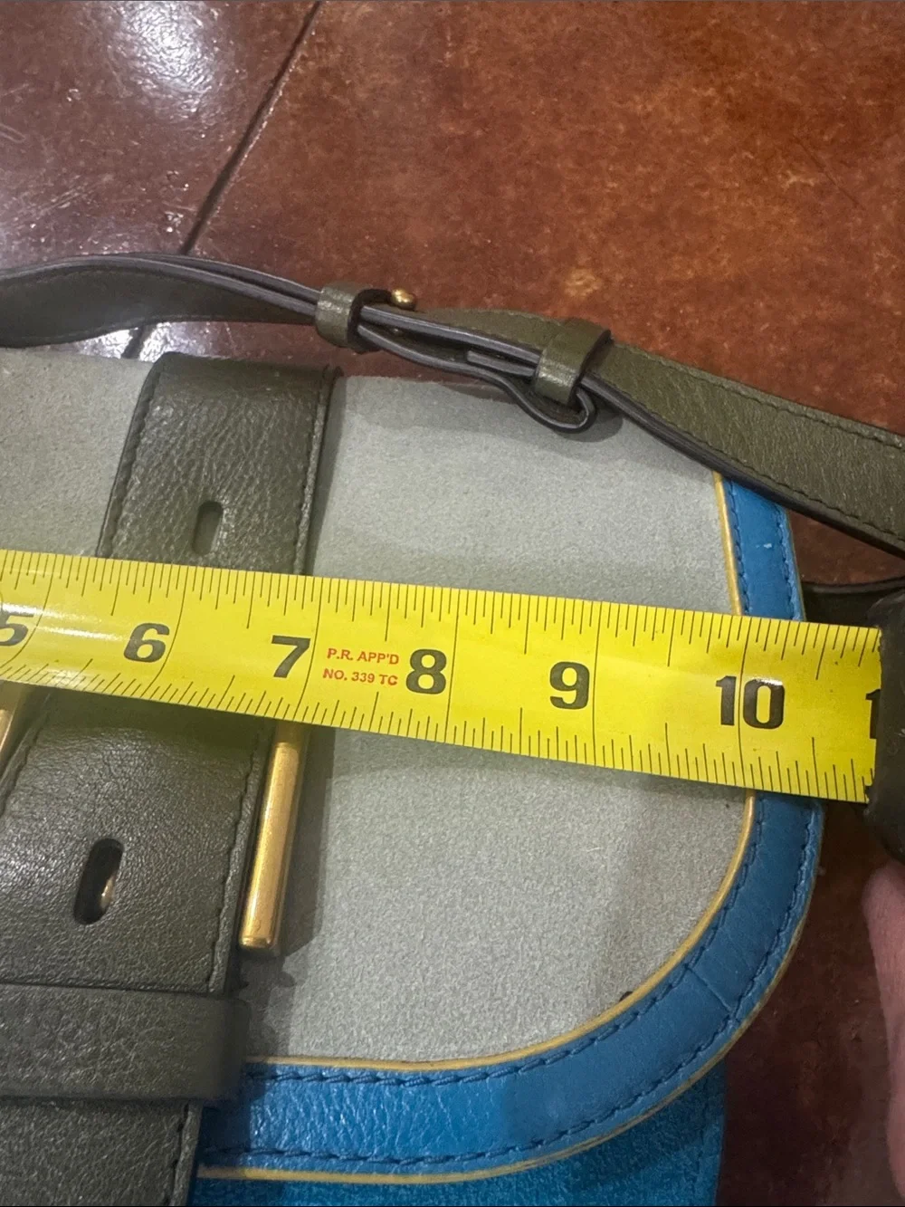 Blue and Gray Suede Crossbody Bag with Olive Strap